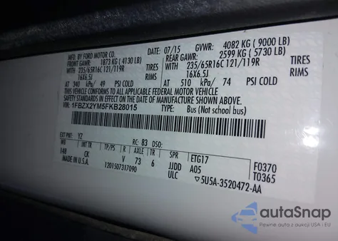 2015 Ford Transit-350 Xlt z USA, uszkodzony, nr VIN 1FBZX2YM5FKB28015